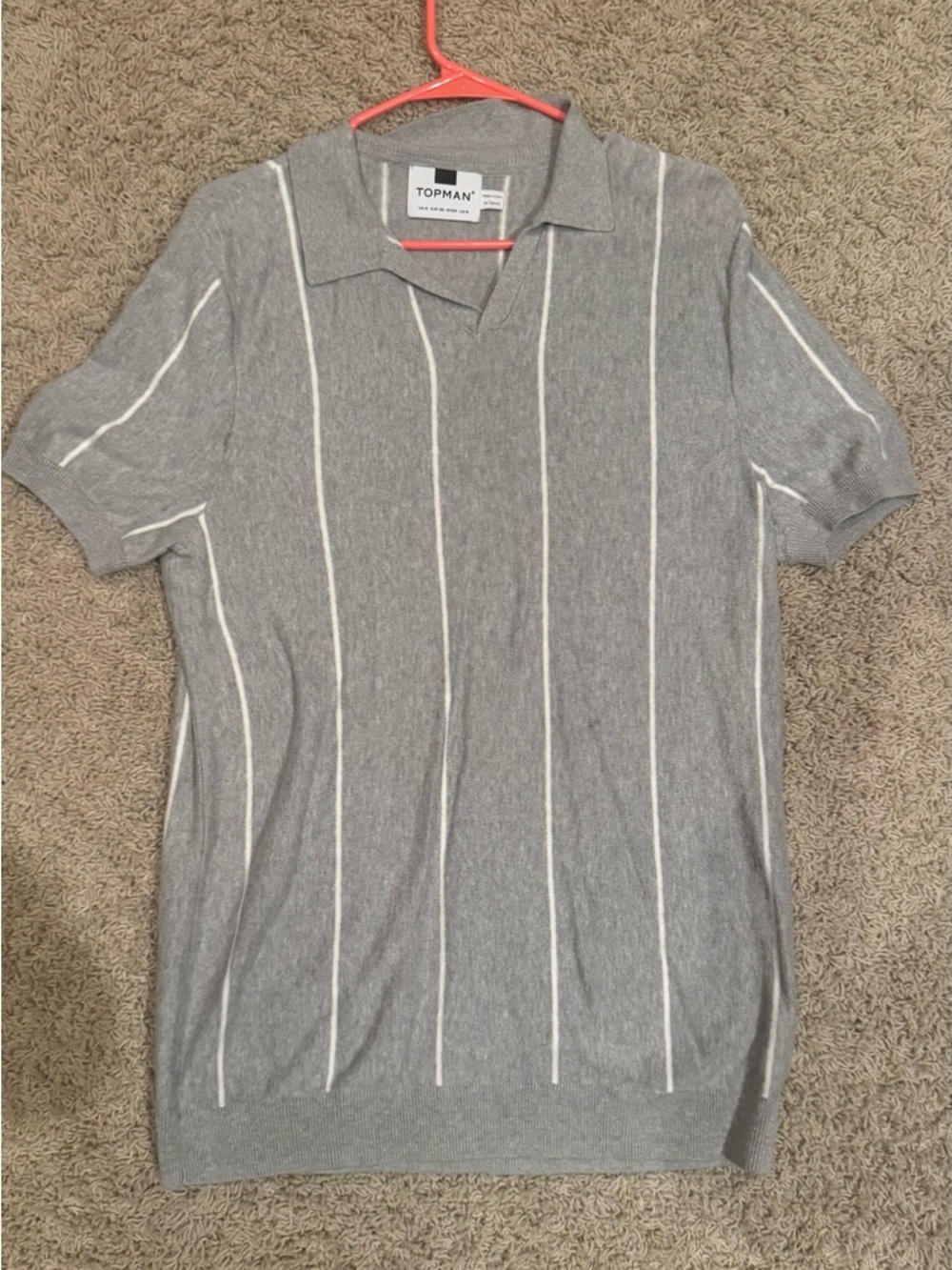 Topman Grey Knit Polo with White Vertical Stripes